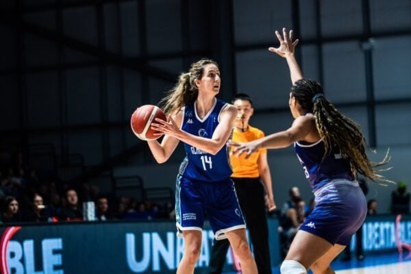 Female basketball players in action during a game at Caledonia Gladiators.